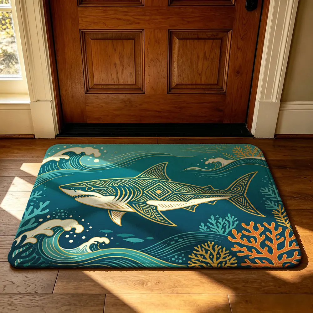Ocean Shark Wave Pattern Felt Door Mat Marine Style Entryway Rug Non-slip Washable Front Door Mat for Home Decor