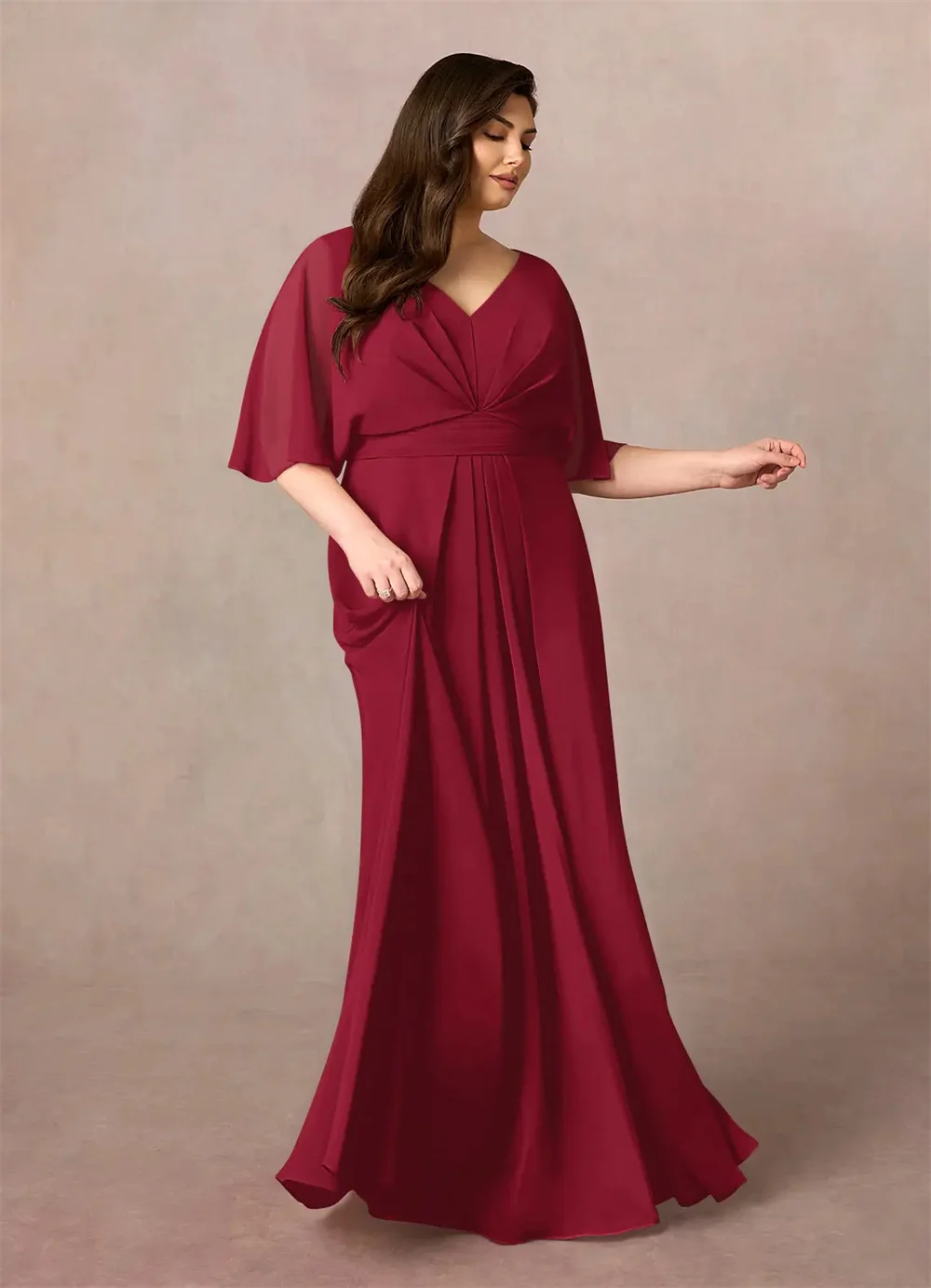Evening Dresses V Neck Half Sleeve Pleated Stain Draped Straight Prom Dresses Formal Gowns Evening Gowns فساتين سهرة