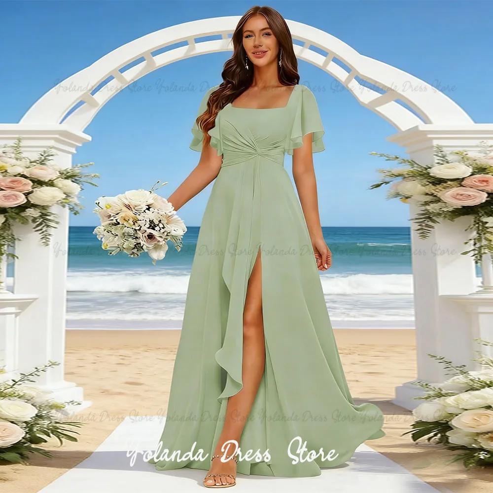 

Yolanda Customized 2026 Mother of Bride Dresses Flutter Sleeves Chiffon Slit Square Neck Pleated A-line Formal Evening Dresses