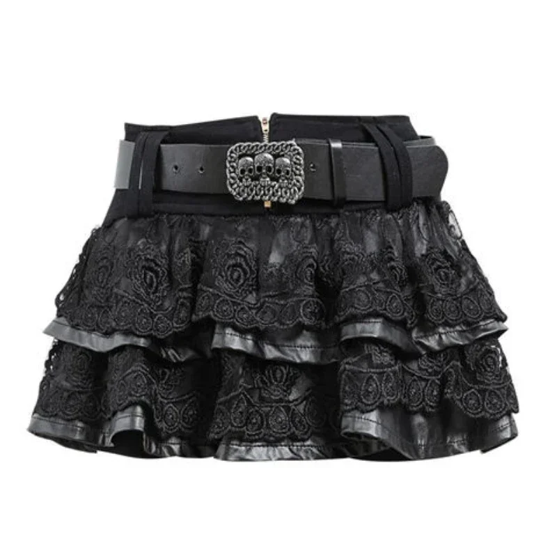 

Punk Pu Leather Lace Patchwork Mini Skirt with Belt Women Sexy Japanese Y2k Harajuku Skirts Girls Goth Short Black Faldas Mujer