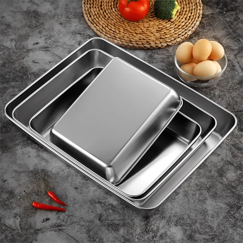 Stainless Steel Rectangular Baking Tray Food Barbecue Bakeware Fruit Bread Storage Plate with Handle Deep Pan Dish Kitchen Tools