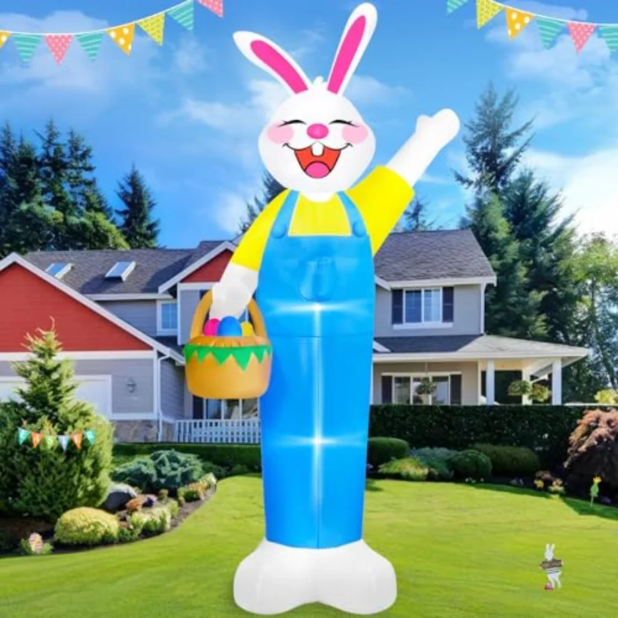 

Outdoor Easter decoration: 12ft tall inflatable bunny with built-in LEDs, white fabric, holds egg basketideal for lawn, garden,