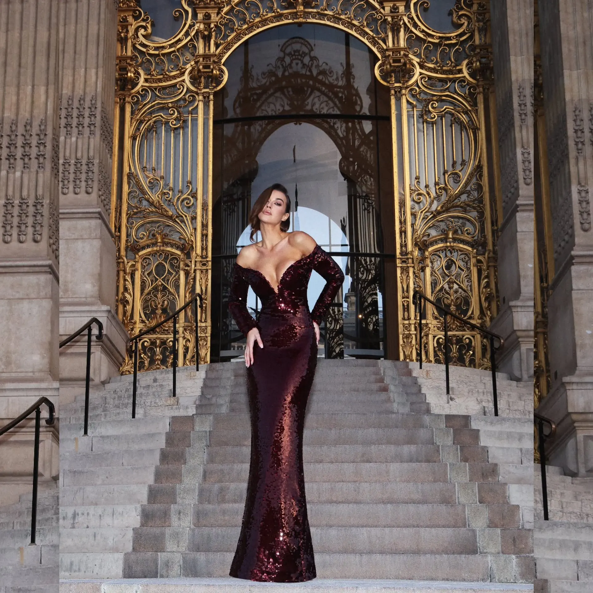 

Sparkling Burgundy Sequin Dress Women Bodycon Fit Floor Length V-Neck Long Sleeve Luxury Evening Gown Party Wedding Custom Made