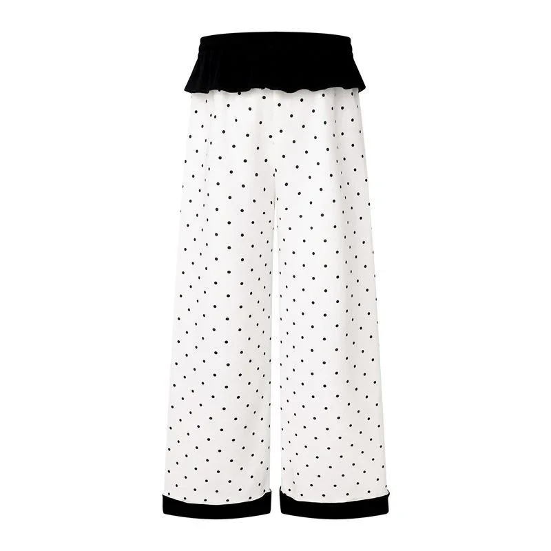 Cute Casual Wide Leg Pant Women Dot Patchwork Kawaii Lace Up Trousers Autumn Loose High Waist Cartoon Female Lazy Wind Pants New