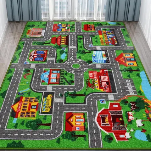 Boy and Girl Game Carpet Blue Pink Green Soft Climbing Mat Urban Road Rail Transit Carpet Office Children's Room Decoration