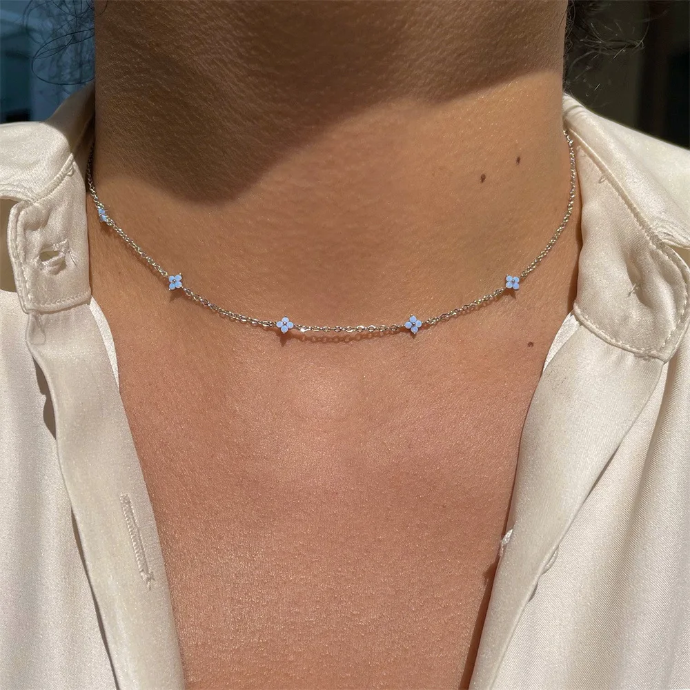High Quality Tiny Blue Flower Necklace for Women Gold Color Cute Pendant Necklace Trendy Female Birthday Jewelry Bijoux Gift