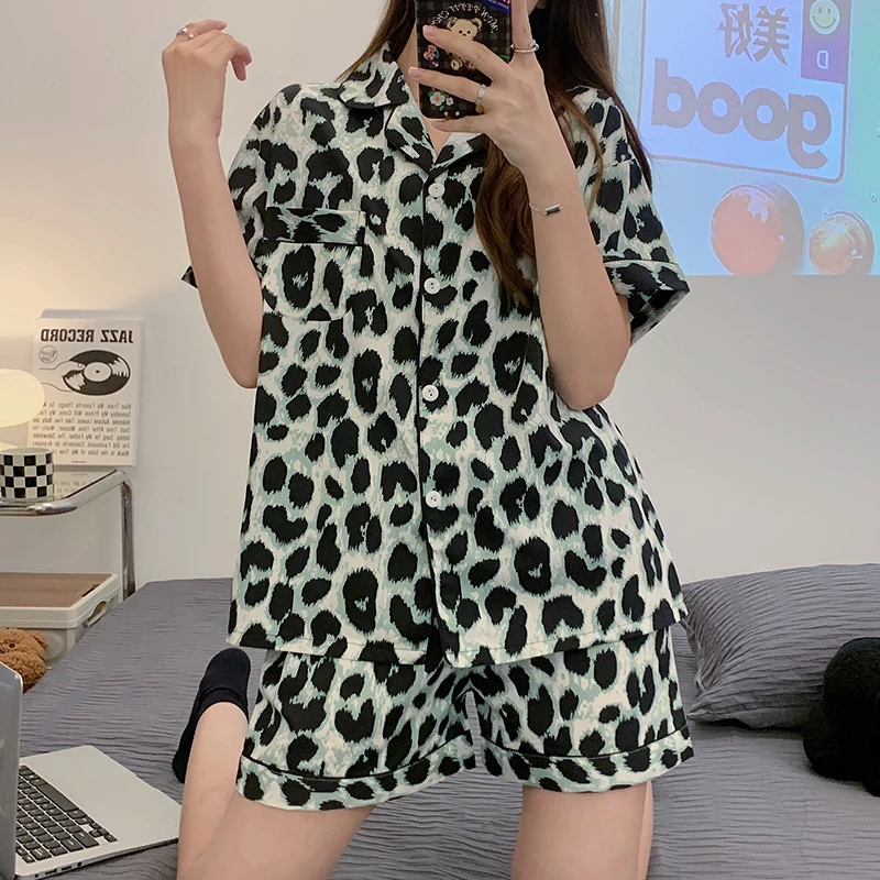 New Leopard Print Sleepwear Women's Cotton Wearable Home Wear Pajama Sets for Women Thin and High Quality Suit