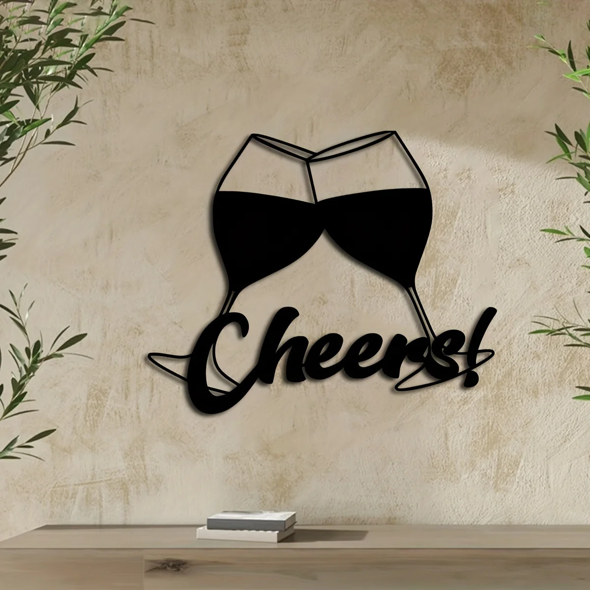 2D Metal 1pc Modern Black Wine Glasses Wall Art - Cheer Sign Design for Kitchen, Bar, Restaurant Decor - Indoor/Outdoor Wine