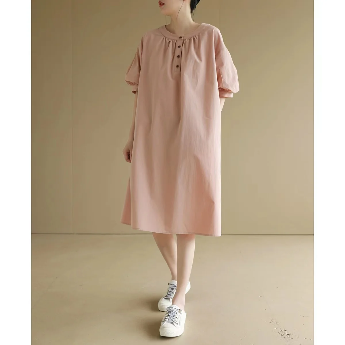 レトロな丸いネックのコットン混紡素材のサマースカート、ゆったりとしたミディ丈、レディース服、タグ付き、韓国風、通勤、ピュアなC...