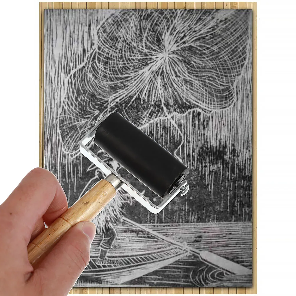 

2 pcs Roller Brush Tool Wooden Rubber Handle for Painting Printing Stamping Large Area Inking Blocks Carved Surfaces Wallpapers