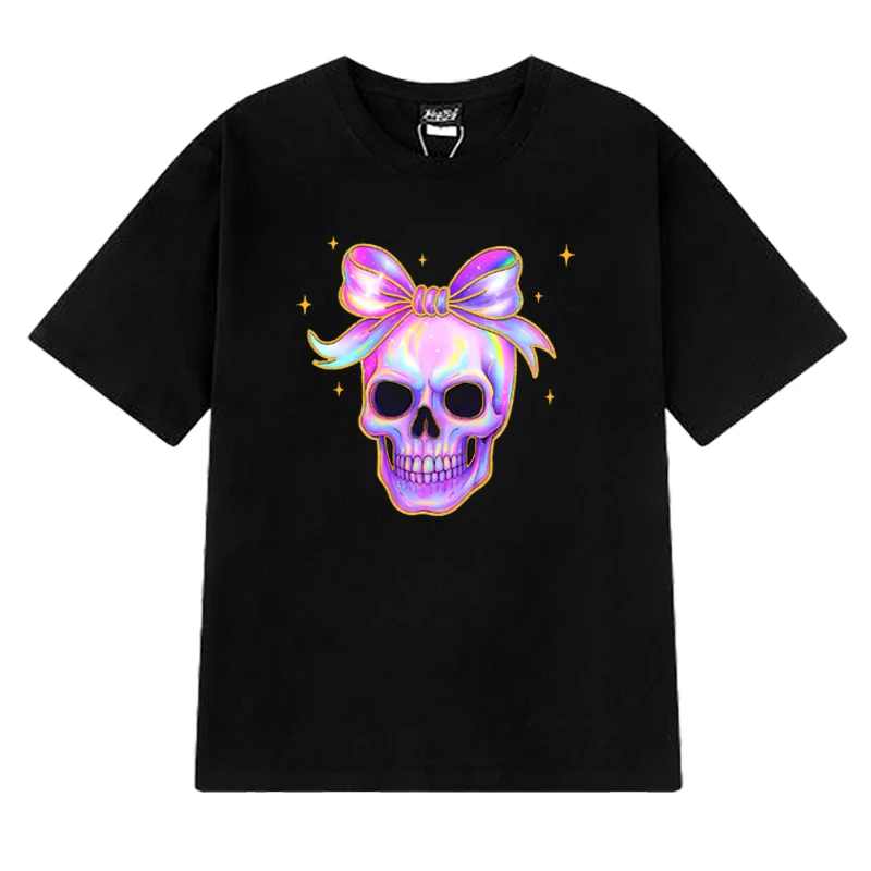 2025 Hochwertige schillernde Totenkopf-T-Shirts für Männer und Frauen, Halloween, Vintage, übergroße Tops, Unisex, 100 % Baumwolle, kurzärmeliges T-Shirt