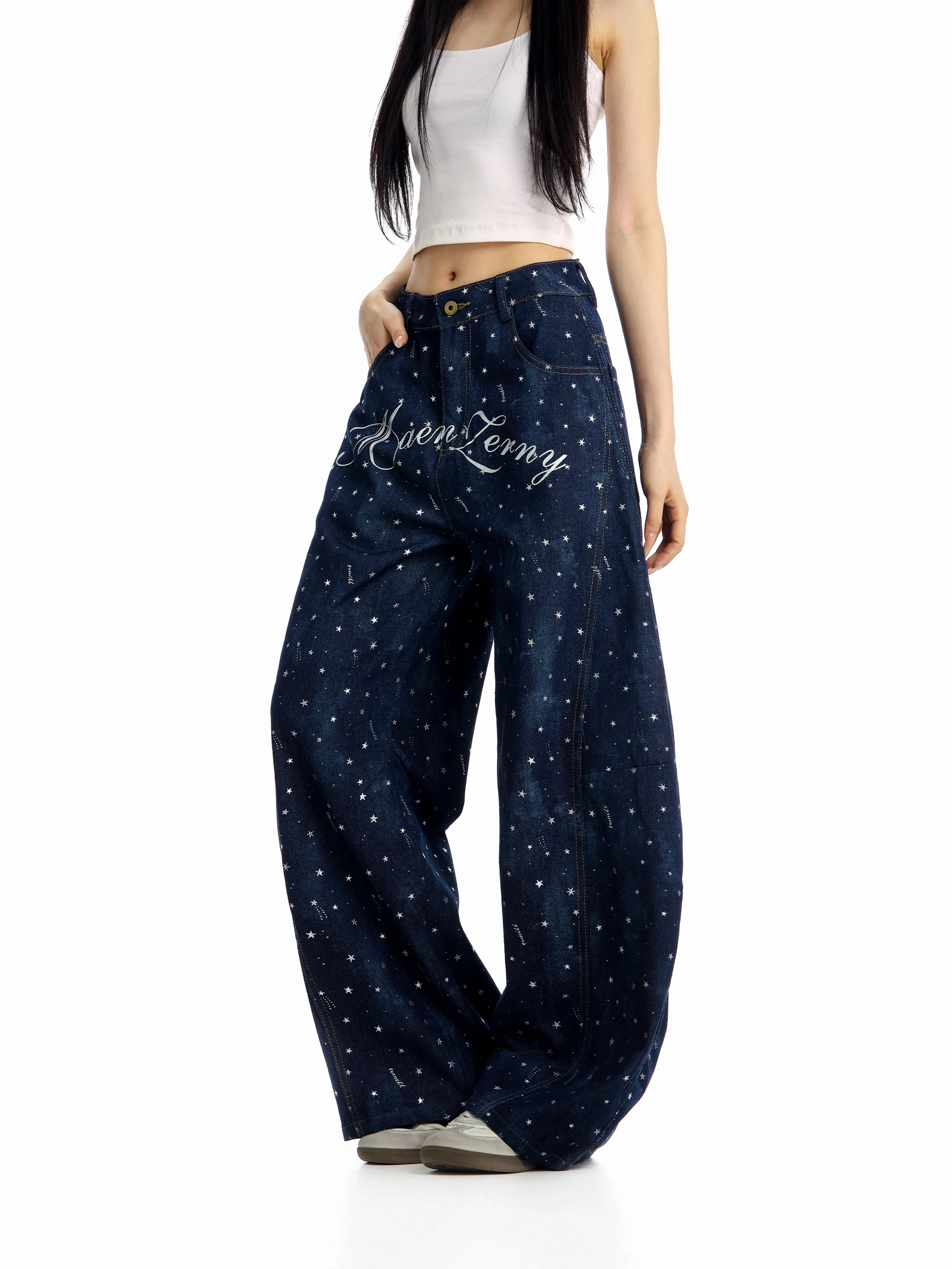 

Retro American Star Letter Print Loose Wide Leg Jeans Women's Trendy Bend Knife Jeans Casual Versatile Dance Suitable