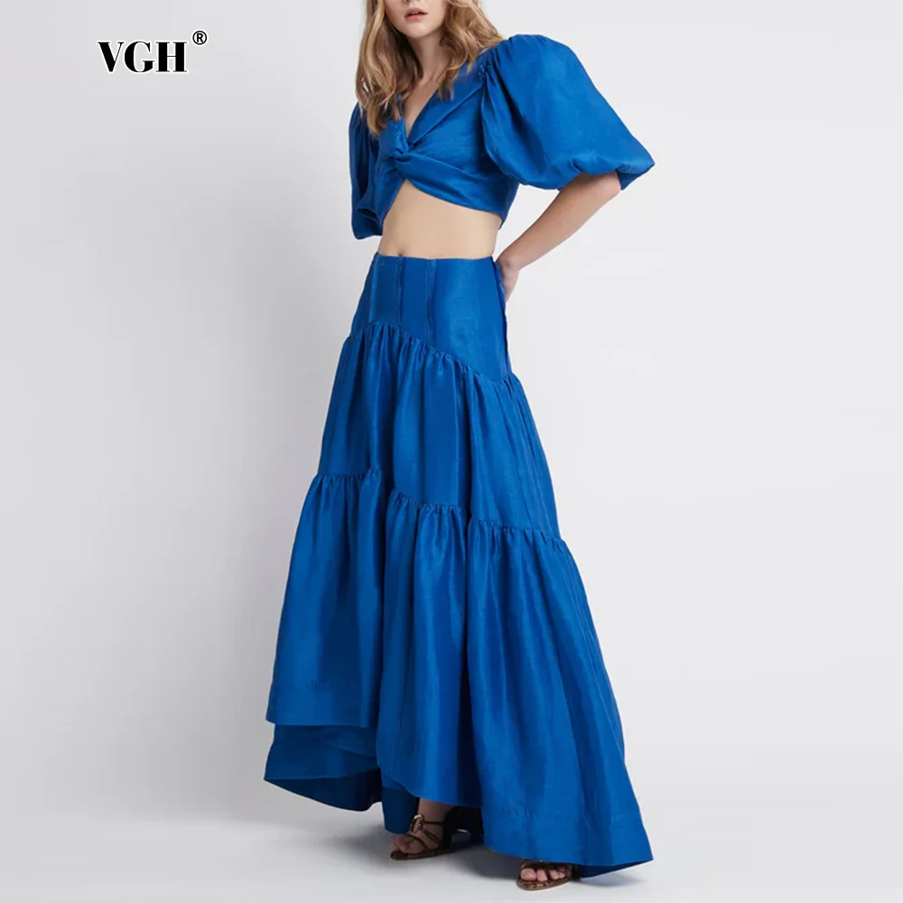 

VGH solid Two Piece Set For Women V Neck Puff Sleeve Spliced Button Short Tops High Waist A Line Skirts Minimalist Sets Female