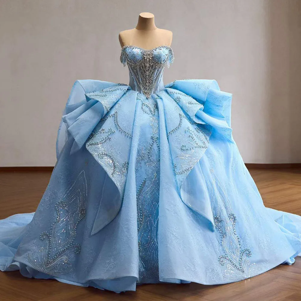 Blue Quinceanera Dress Crystal Sweetheart Off The Shoulder Ball Gown Vestidos De 15 Años Evening Dress