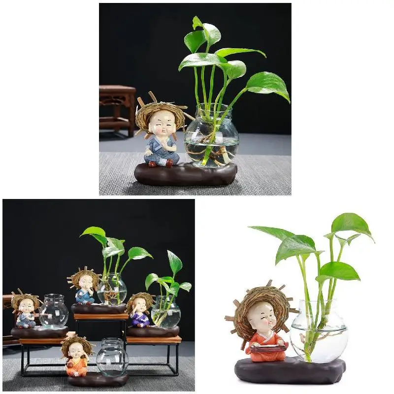 Lovely Cartoon Figures Desktop Monks Glass Vase,Self-Absorbing Water Modern Plant Pot Ornament Decor,For Living Room