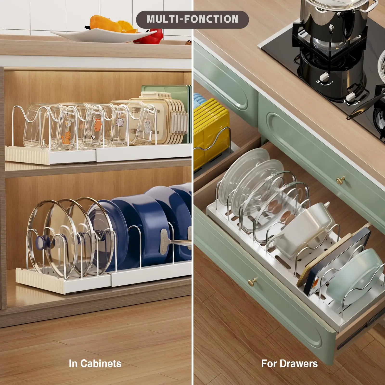 Expandable Cookware Organizer with 7 Adjustable Compartments Pan Organizer Rack, Cabinet Storage Pot Rack