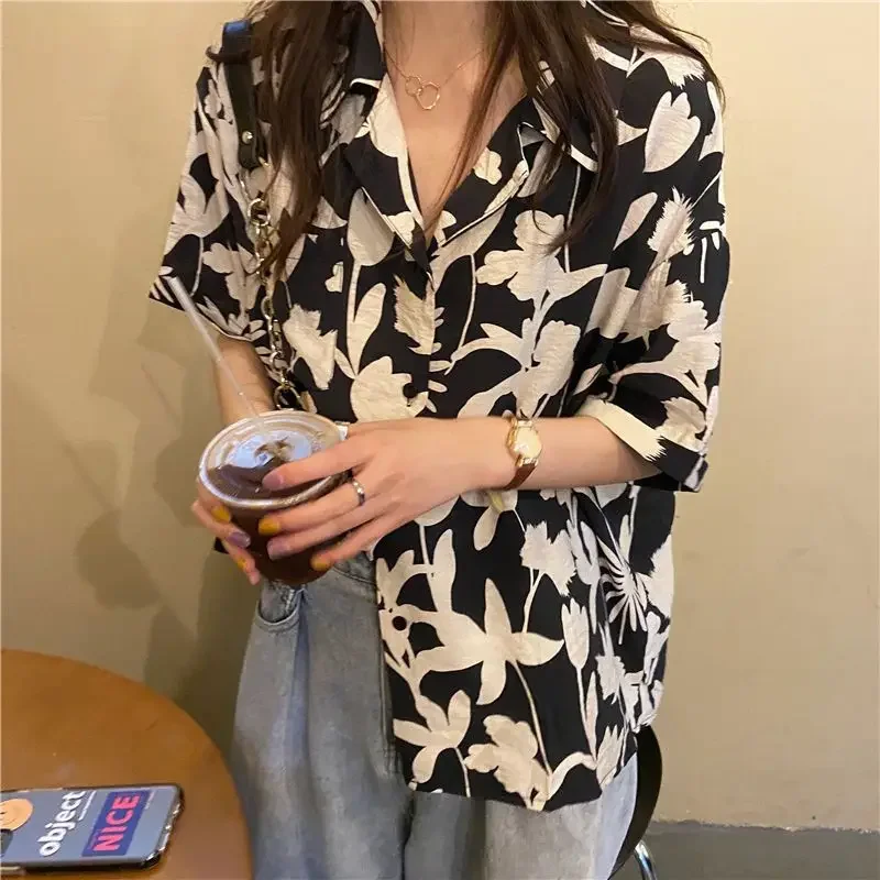 Summer New Printing Loose Trend Shirt Tops Short Sleeve Polo Neck All-match Youth Vintage Blouse Fashion Casual Women Clothing