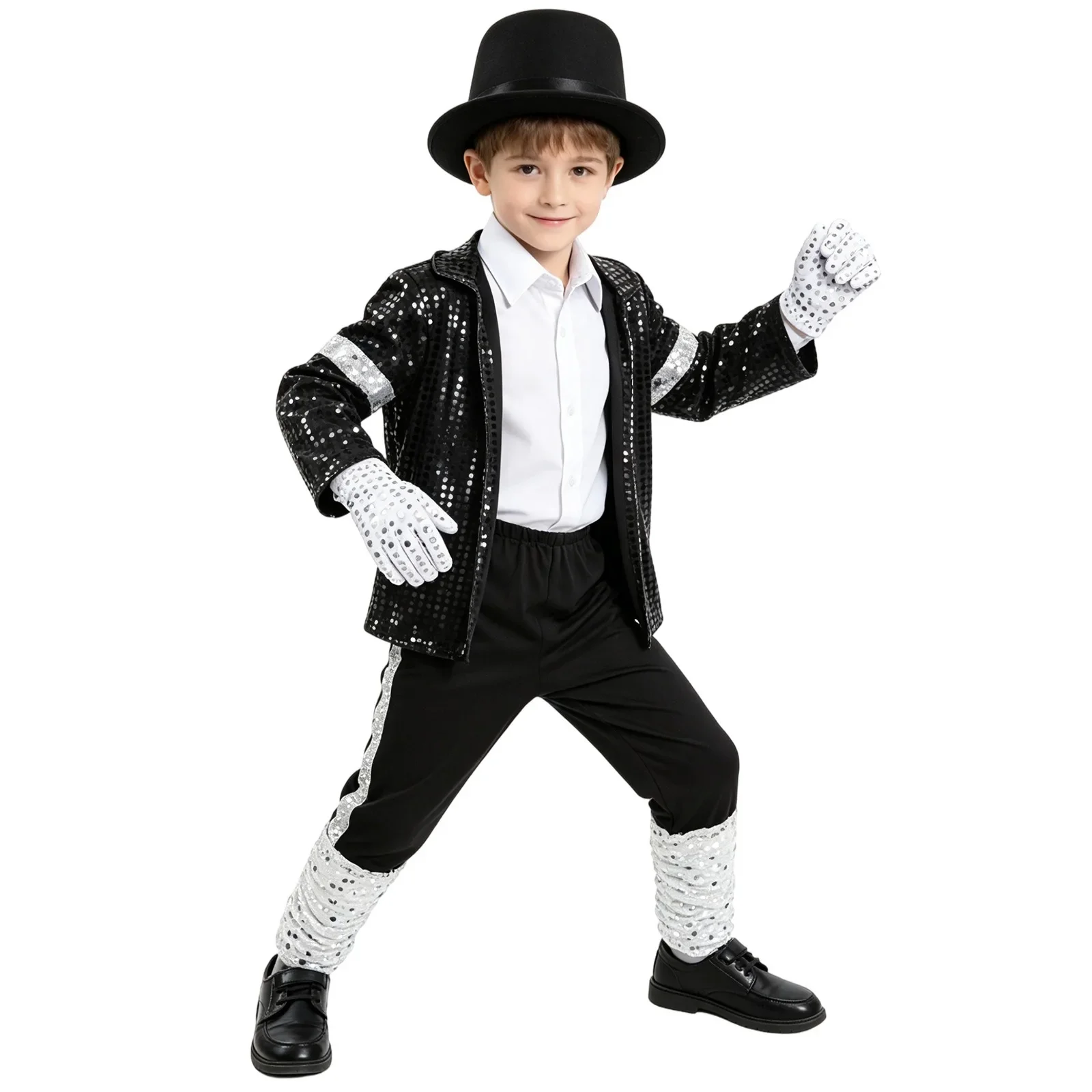 Boys 70s 80s Pop Rock Superstar Costume Jackson Moonwalk Retro Clothes Set for Halloween Cosplay Stage Performance Dance Outfits - view 2