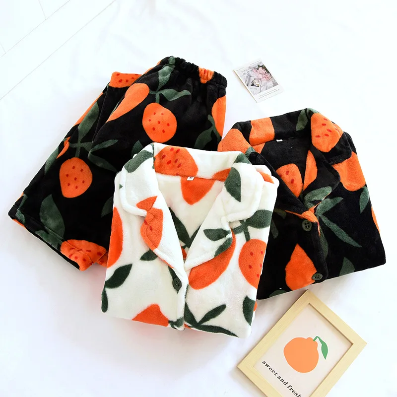 Warm Flannel Female Pyjamas Sets Women Thick Coral Velvet Long Sleeve Sleepwear Print Pajama Set Home Clothes Suit All Winter
