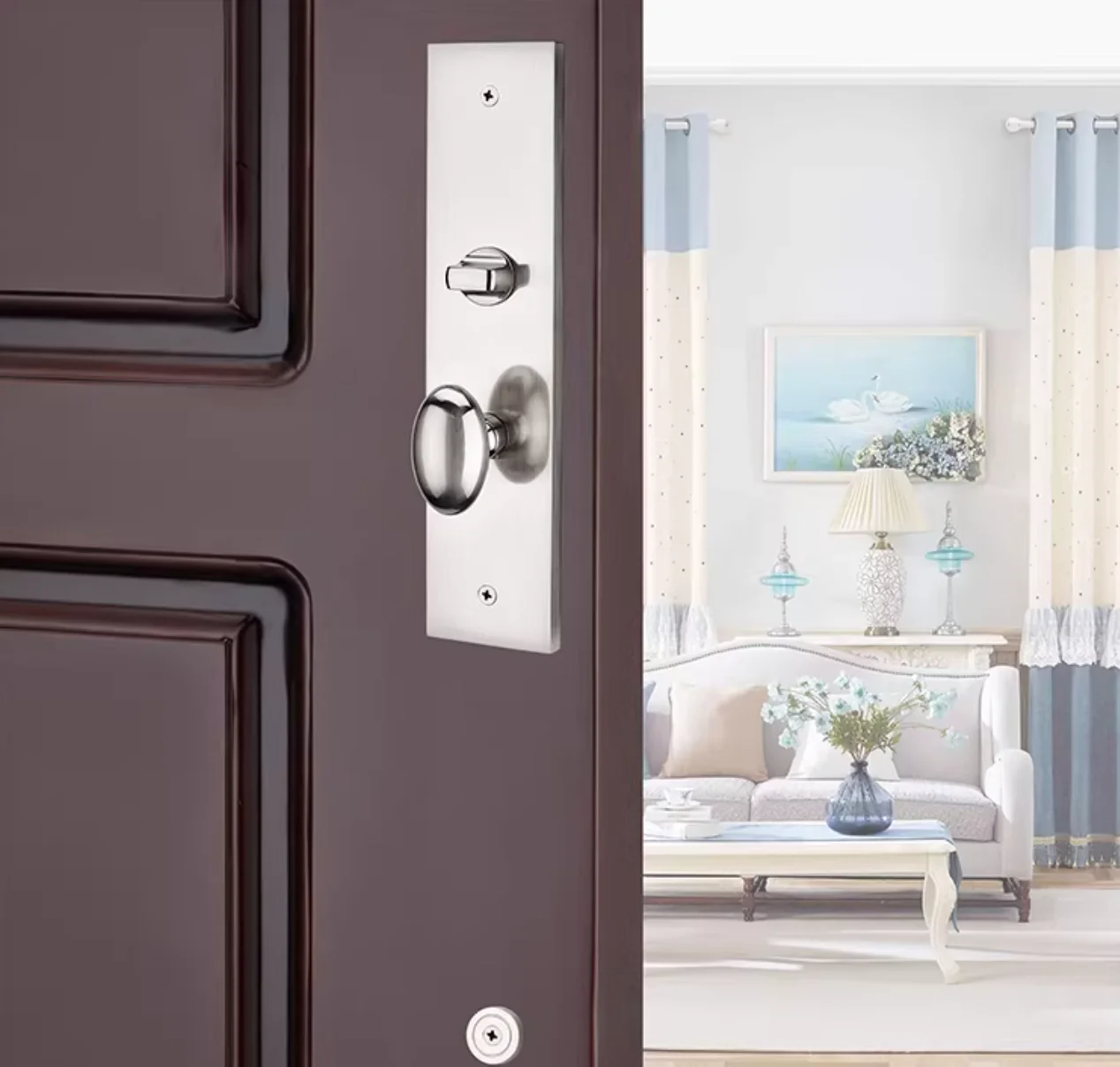 1Set Zinc Rectangular Villa Front Door Lockset Handlset With Thumb Knob Brushed Nickel ORB