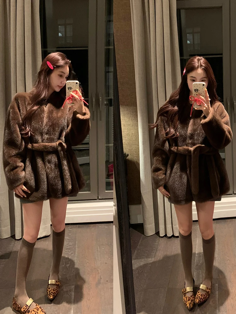 

Ele Vintage Mink Jaet with Belt Loose Fit Eco-Friendly Youth Women's Long Sve Warm Sle No Cap Winter Outerwear