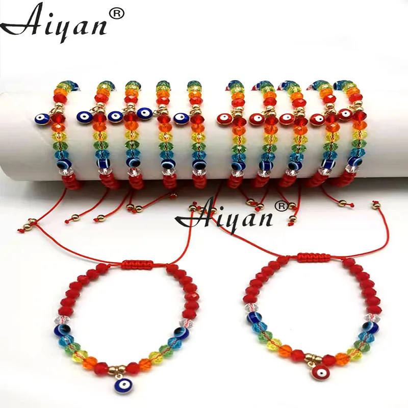 12 Pieces Rainbow And  Red Crystal Hanging Alloy Single Hanging Eye Woven  Bracelet With  Exorcism Protection Can Given As Gifts