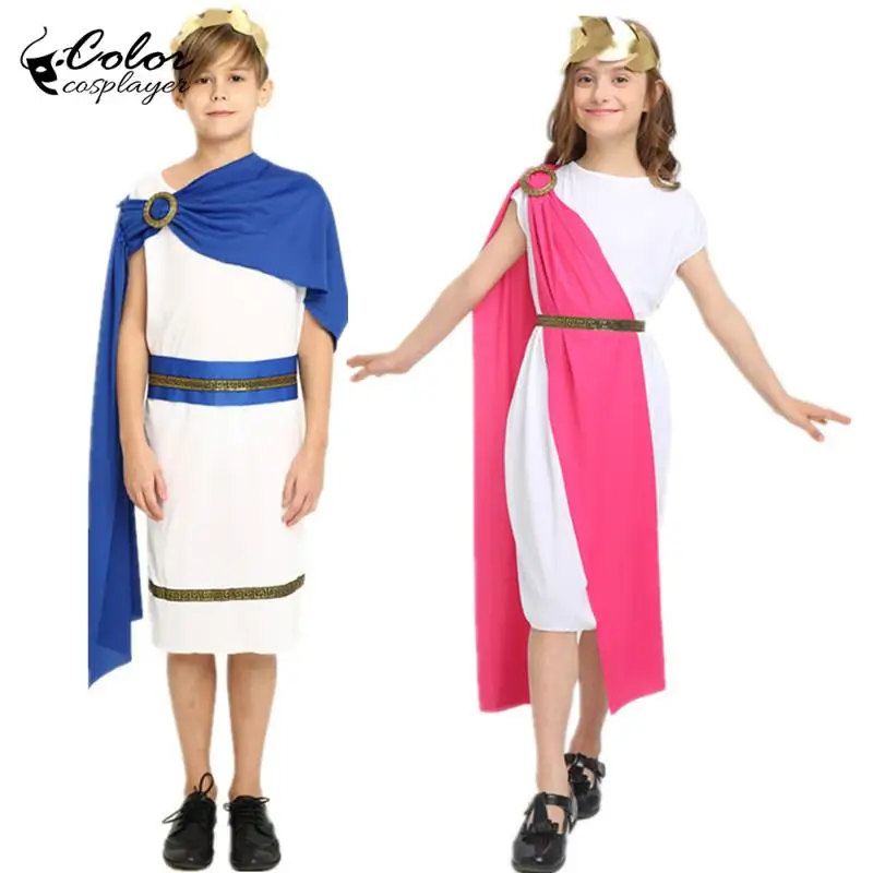 

Child Greco Roman Cosplay Costumes Drama Performances Outfit Halloween Dress Up Girl Boys Robes Unisex Headwear Belts Clothes