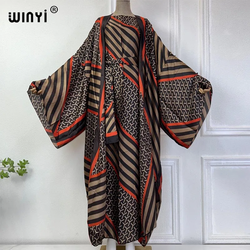 

WINYI summer beach Long dress coat two-piece suit for women Bohemian Print maxi trab Dress Women Floor Length vacation kimono