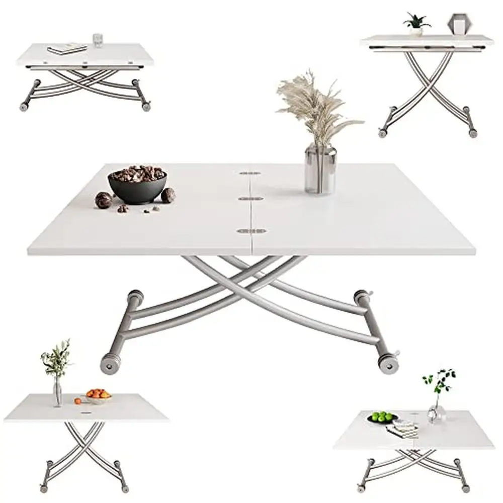 Folding Dining Table Convertible Coffee Computer Picnic  Sturdy Cross Metal Legs Adjustable Height E1 MDF Scratch-Resistant