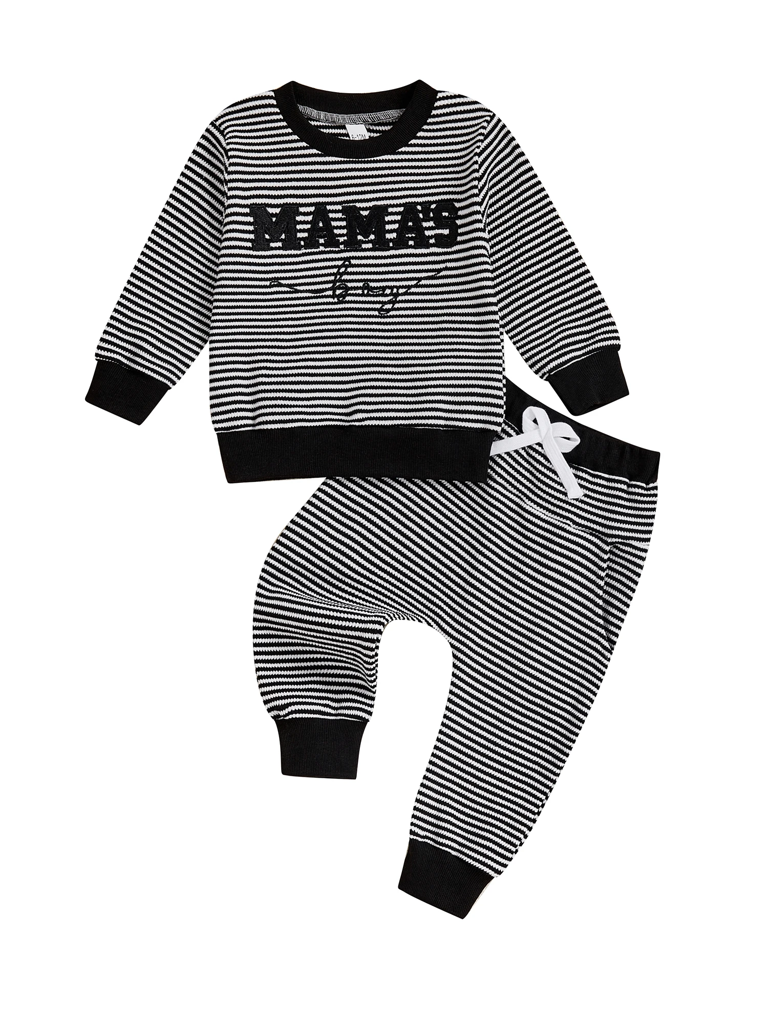 Conjunto infantil de outono para meninos com letras bordadas, top listrado com gola redonda e calças combinando – conjunto de 2 peças para crianças