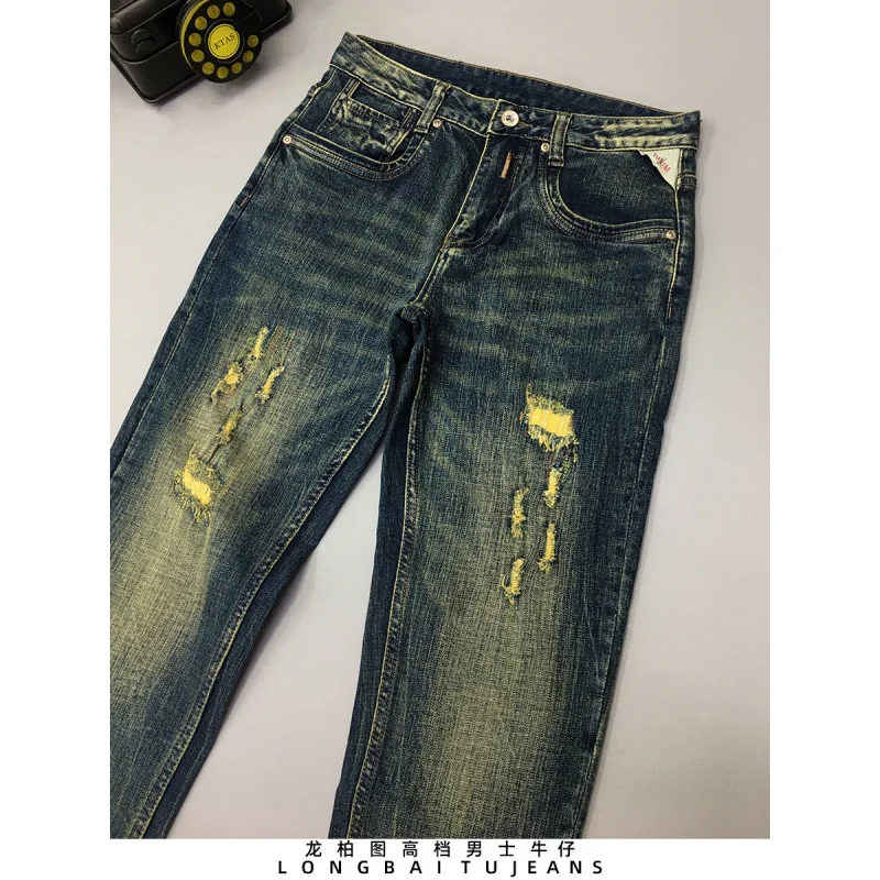 男性用のレトロな破れたジーンズ、トレンディで多用途、スリムフィット、小さなストレートチューブ、スクレープパッチ、アメリカンスタイルのダメージパンツ