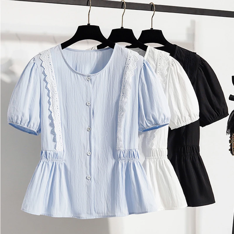 Blus dan Kemeja Renda Ukuran Besar Blus Musim Panas Wanita Wanita 2025 Keluaran Baru Blus Wanita Kasual Kerah Leher O Lengan Pendek