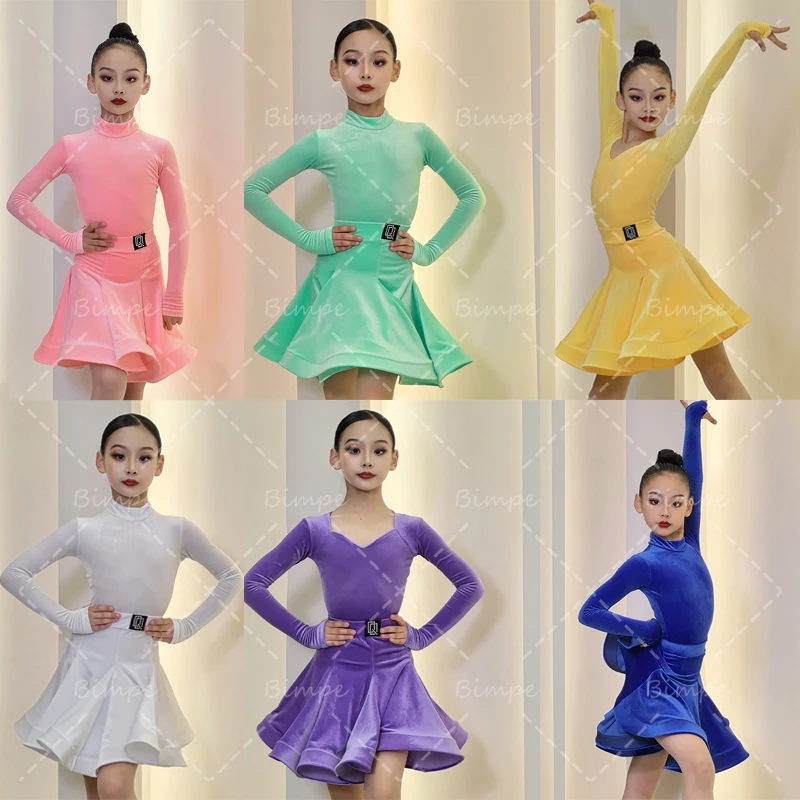 

Fashion Long Sleeved Samba Latin Dance Performance Dress Girls Velvet Ballroom Dance Professional Costumes Stage Dancing Wear