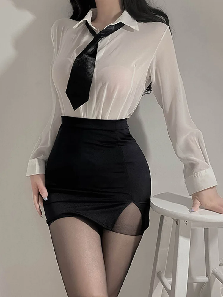 2023 New Sexy Secretary Tight Slim Hip Mini Skirt Silk Uniform Cosplay Temptation Suit Female White OL Shirt Blouse Tops Y8QU