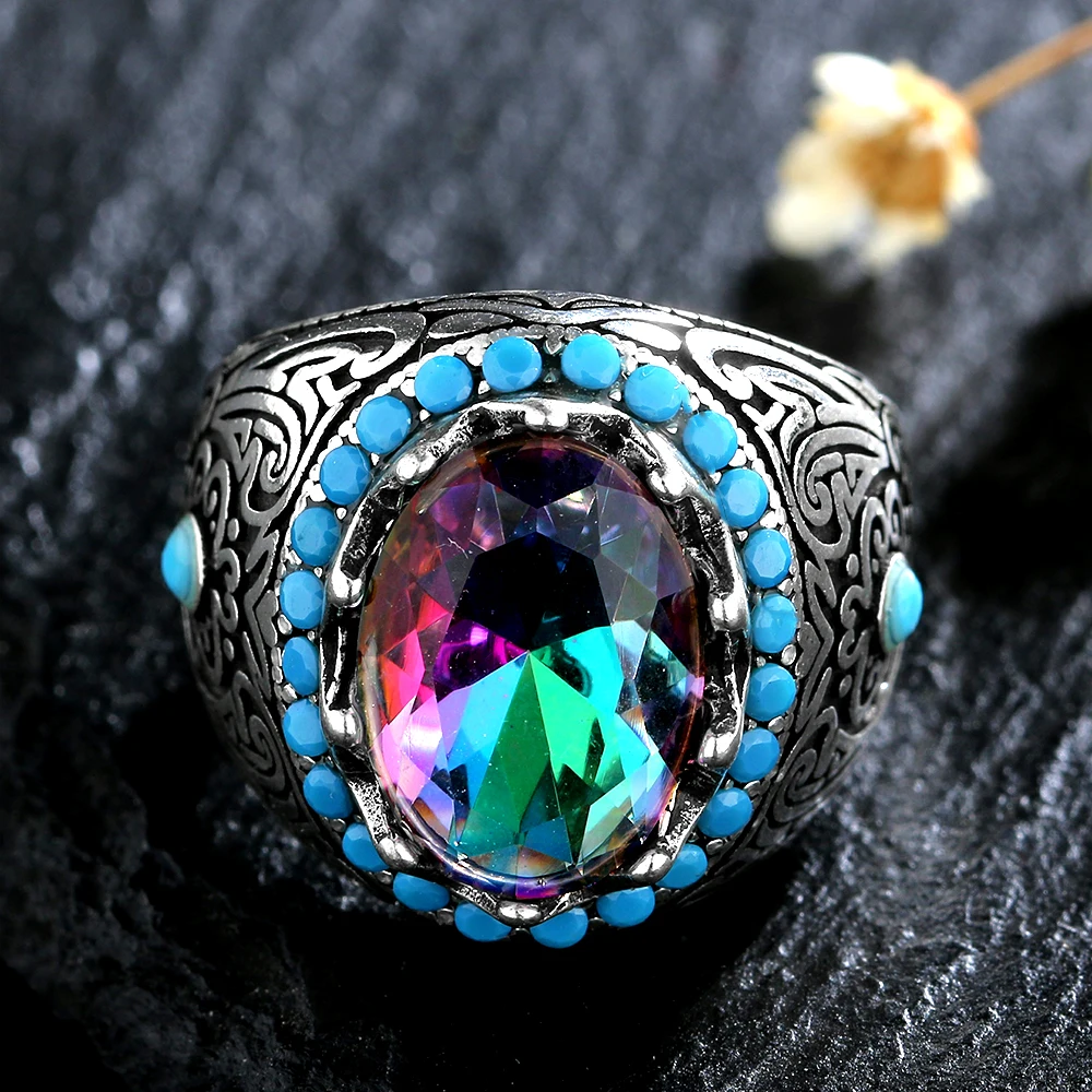 Silver Ring for Men Woemn with Oval Blue Zircon Stone Ring Retro Multi-color Gemstone Male Thai Silver Turkish Jewelry Wholesale