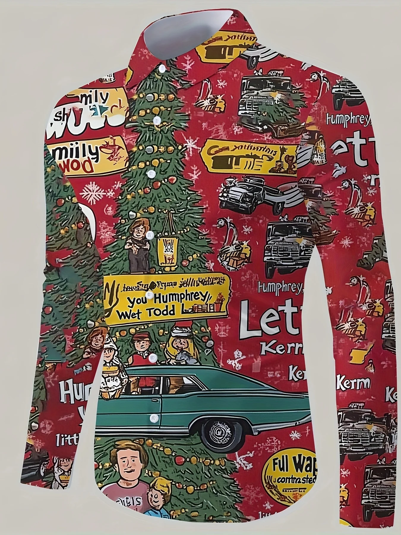 Camisa con estampado gráfico de árbol de Navidad para hombre, solapa superior, cierre de manga larga, ropa de calle tradicional de la suerte, nueva moda