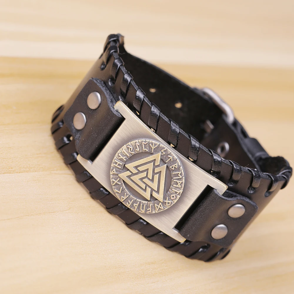 Vassago Wicca Odin 24 Nordic Rune Amulet Stainless Steel Gothic Viking Vintage Wristband Cuffles Men's Black Leather Bracelet