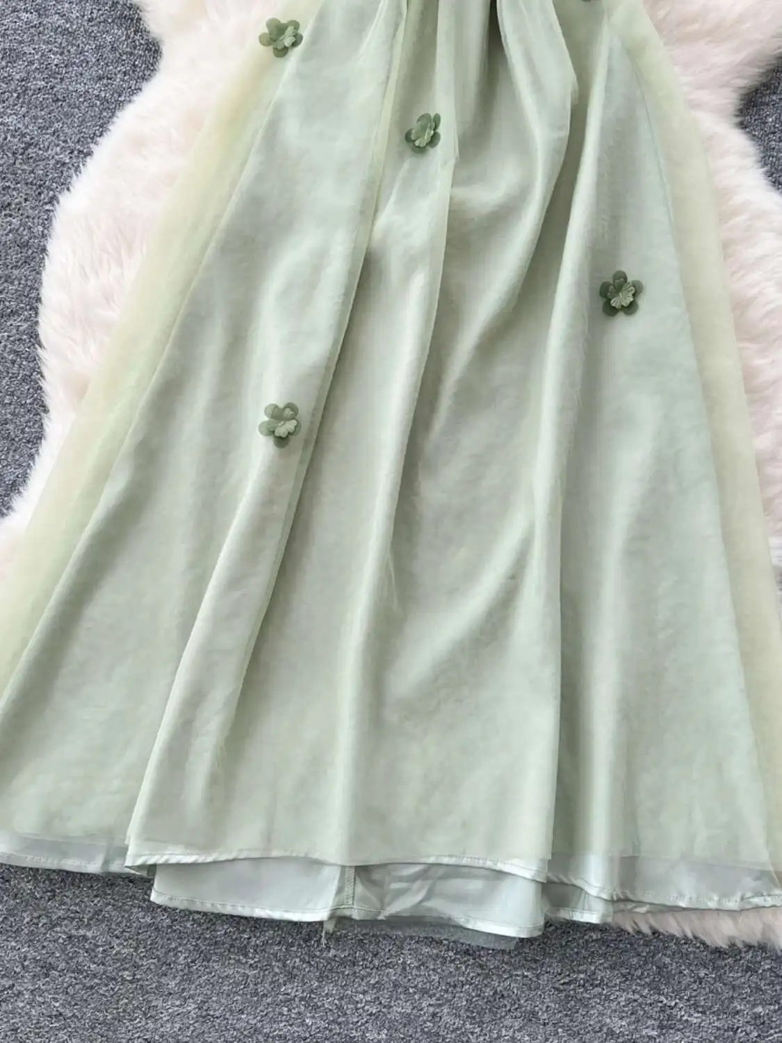 ภาษาฝรั่งเศสคําสีเขียวชุดชายหาดผู้หญิงฤดูร้อนดอกไม้สามมิติตาข่ายชุดยาวสุภาพสตรี Slim A-Line Boho ยาว Robe Vestidos