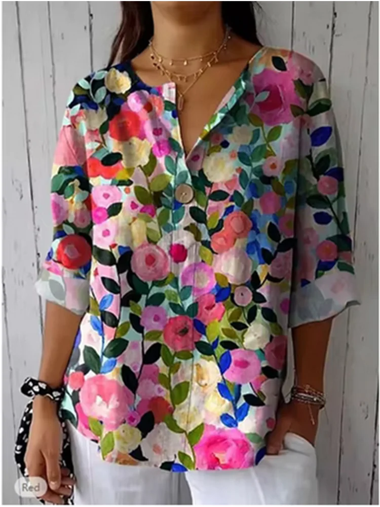 Summer Plant Printed Long Sleeved Shirt Women V-neck Button Up Top Fashion Casual T-Shirt
