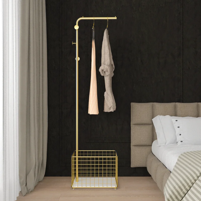 

Multi-Function Clothing Rack Hanging Durable Steel Basket Garment Rack With Basket Metal Hanging Clothes Display Racks