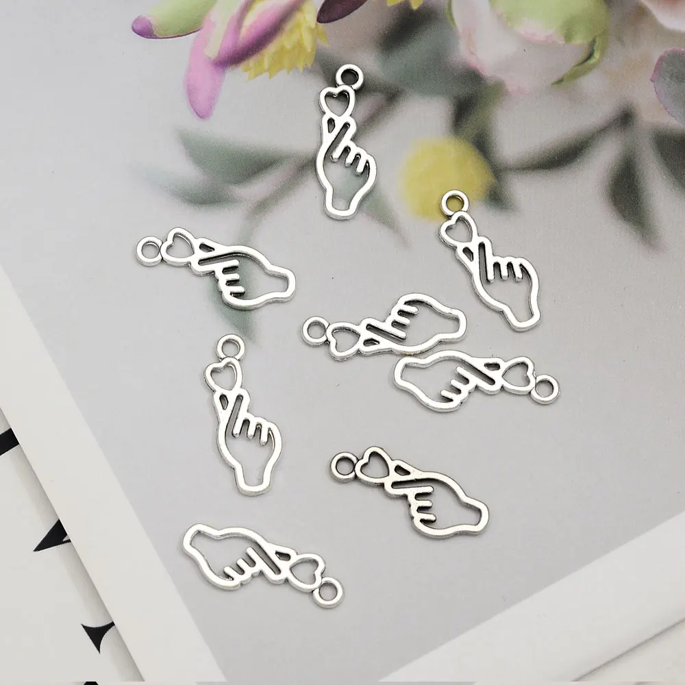 20pcs/Lots 8x22mm Antique Metal Hand Heart Love You Charms Cute Korean Craft Pendant For DIY Jewelry Making Supplies Accessories