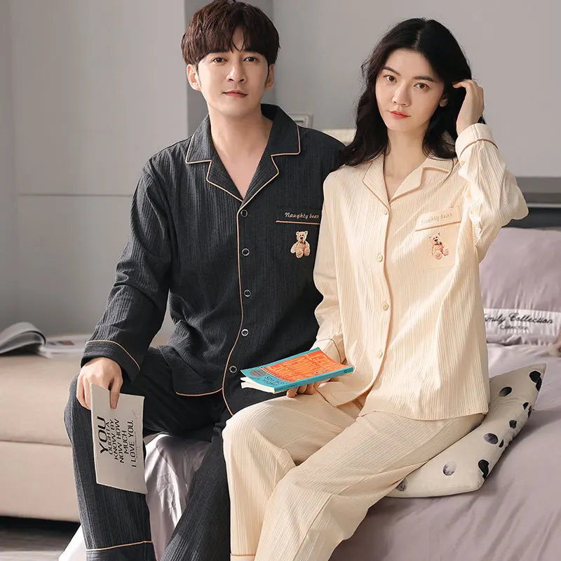 

Couple Pajamas Women Spring and Autumn New 2024 Cotton Long sleeve Plus size Men's Two-Piece Homewear Set Pyjamas Mujer Hombre