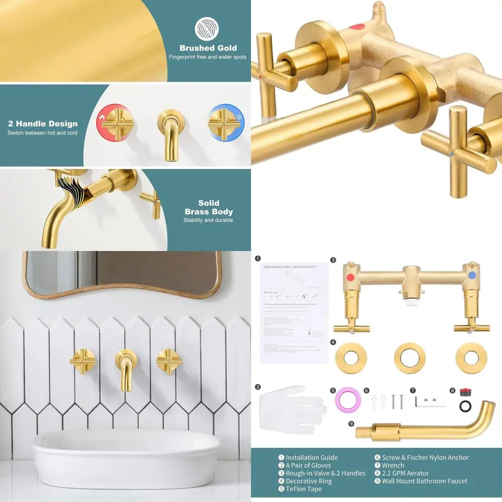 Rubinetto per lavabo a parete con montaggio a parete in oro spazzolato a 2 maniglie con valvola in ottone