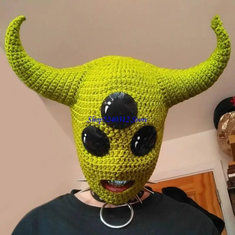634C Balaclava Hat Oversized Crocheted Horn Hat for Women Men Picture Props Scary Horn Cap Cosplay Halloween Party
