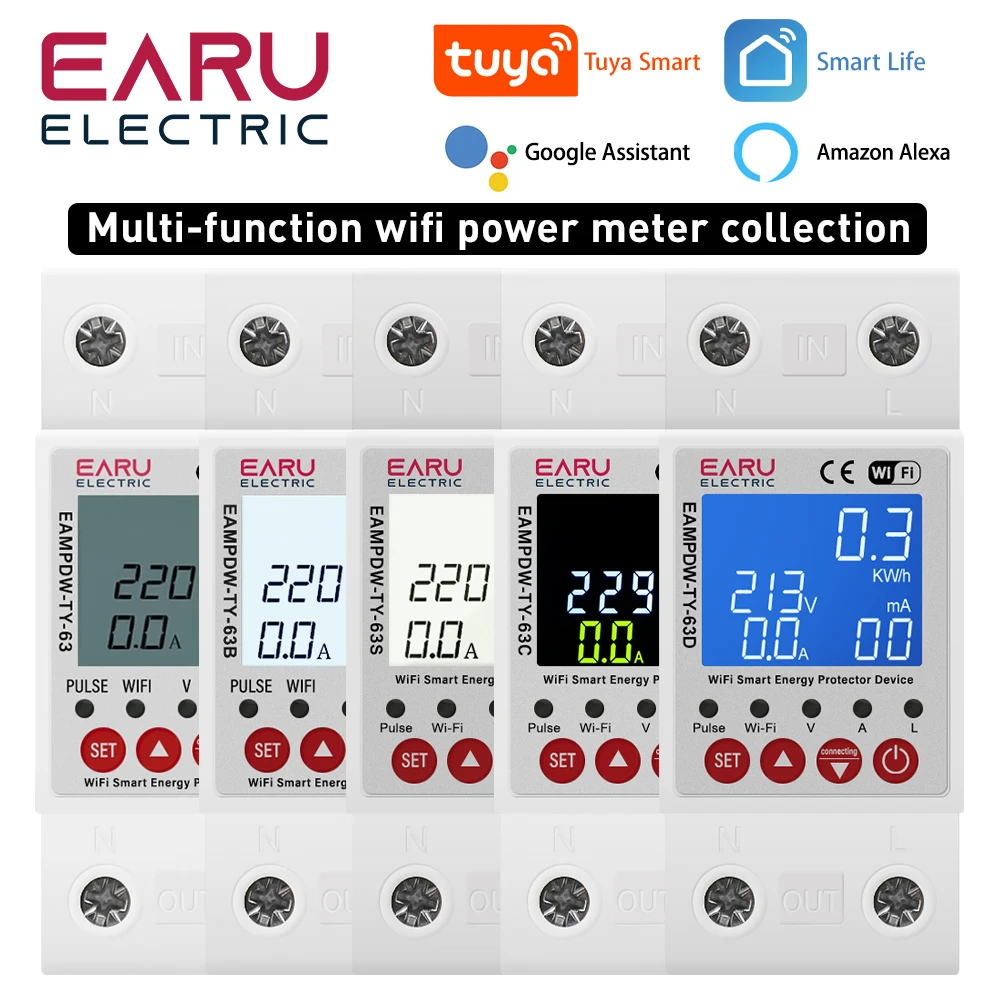 Tuya WiFi Smart Energy Meter 2P 63A 230V Circuit Breaker Power kWh Leakage Over Under Voltage Protector Relay Device Switch