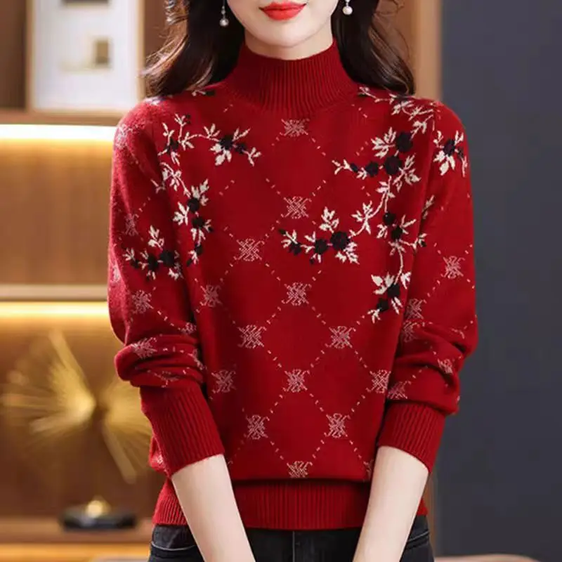 Pull en laine imprimé Vintage pour Femme, haut en laine, manches longues, col roulé, chaud, vêtements bas, chemisier tricoté