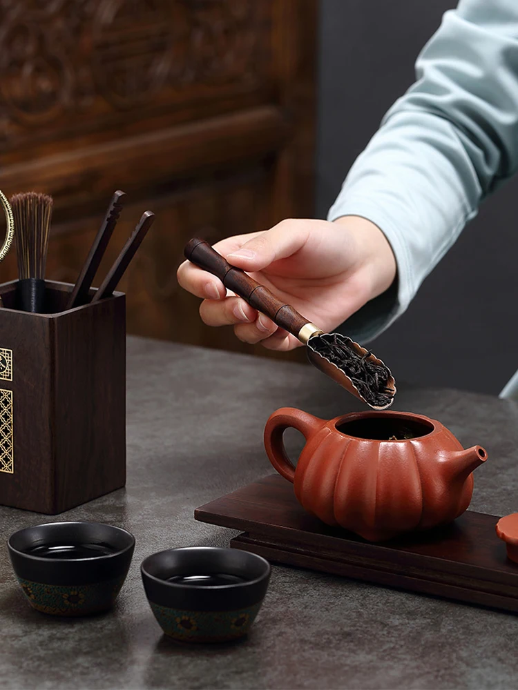 Juego de cinco/seis piezas de herramientas para hacer té, madera de ébano, ceremonia del té, cuchara, cepillo, Clip, accesorios, cubo de té de almacenamiento
