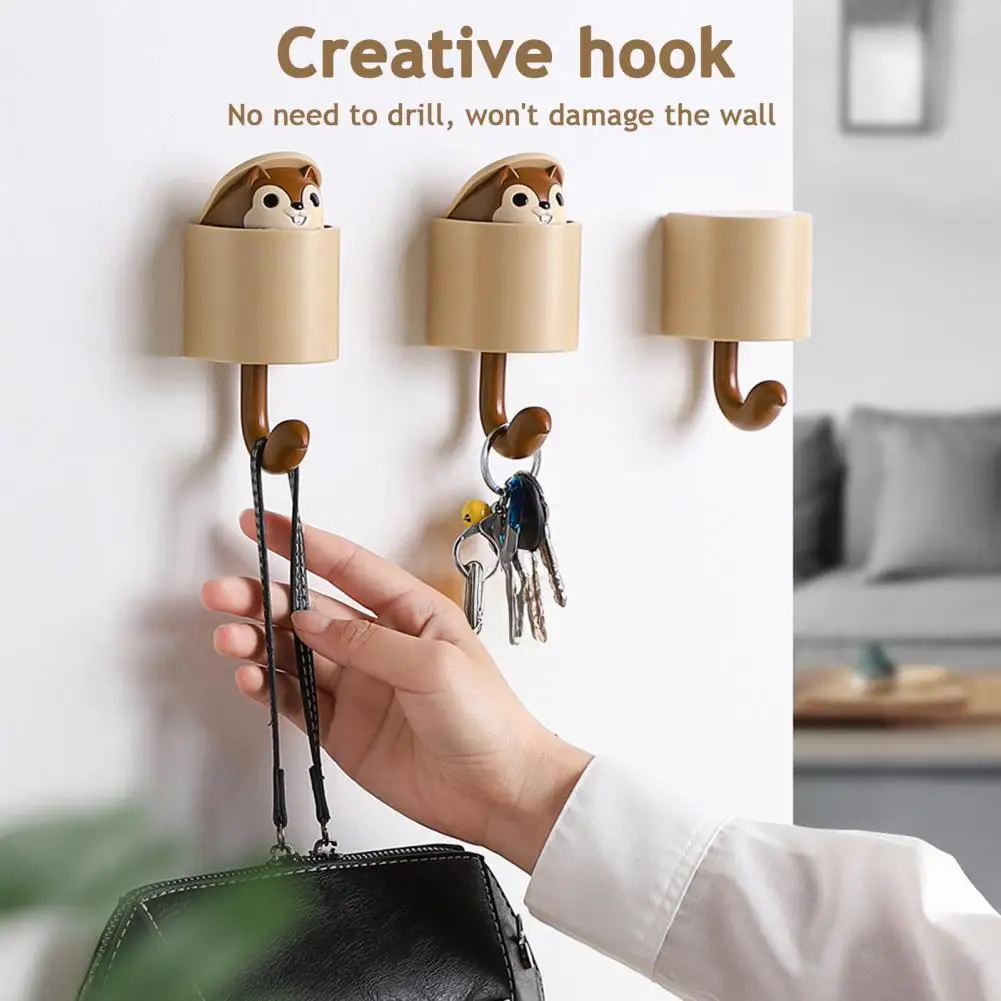 Adhesive Wall Hooks Cute Squirrel Key Hanger Squirrel Adhesive Wall Hook Set Retractable Cartoon Key Hanger for Entryway