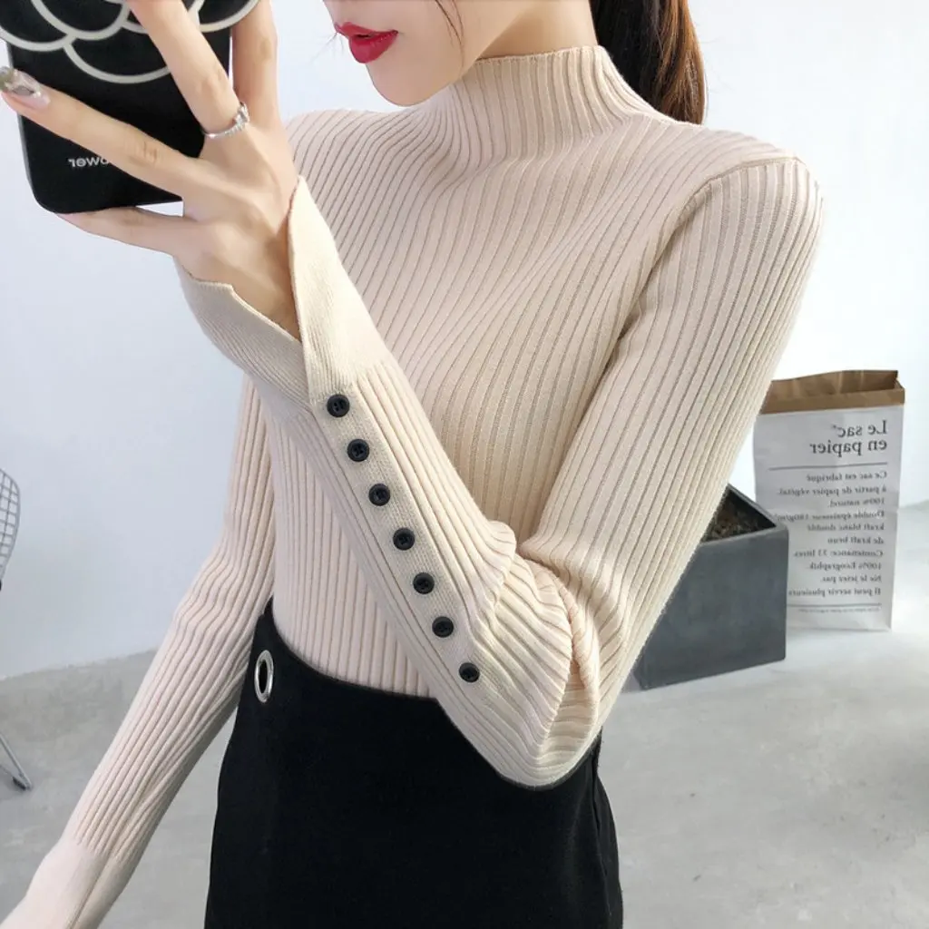 여성 슬림핏 하프 터틀넥 니트웨어 긴팔 풀오버 탑 가을 겨울 아우터웨어 이너웨어