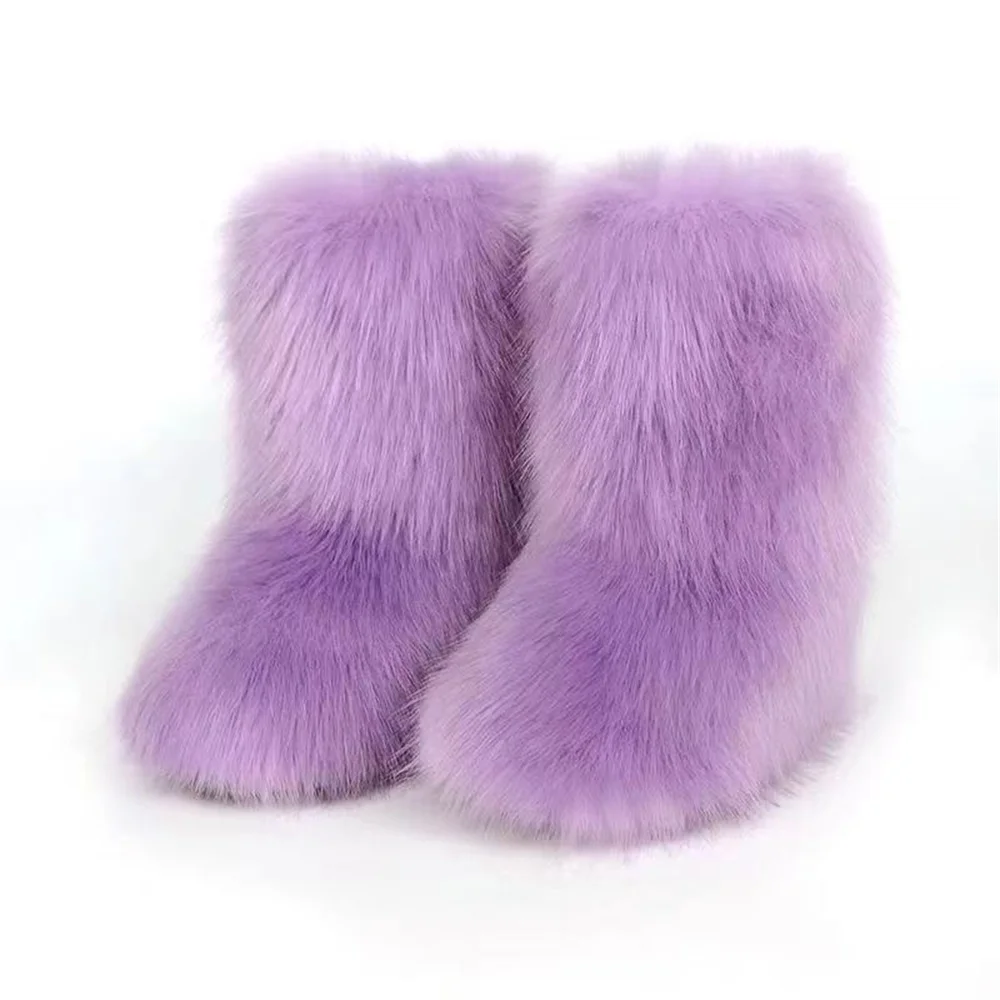 Winter Plüsch Fell Kinderstiefel Outdoor Flauschig Gefüttert Fuchsfell Mädchenstiefel Bunte Knöchel-Schneestiefel Warme Slip-On Kinderschuhe – Detail 8